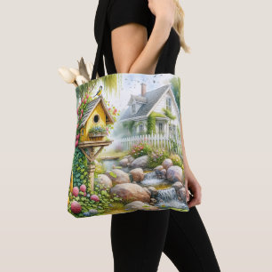 Sprookjesachtige Cottage Tuin Vogelhuis Stroom Tote Bag