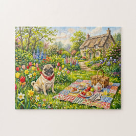 Sprookjesachtige Cottage Tuinpiknik Pug Illustrati Legpuzzel