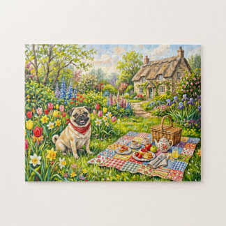 Sprookjesachtige Cottage Tuinpiknik Pug Illustrati Legpuzzel