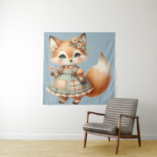 Sprookjesachtige Cottagecore Bloemige Pastel Vos Wandkleed