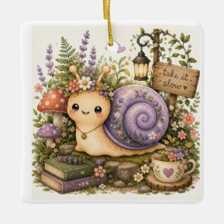 Sprookjesachtige Cottagecore Slak Watercolor Kunst Keramisch Ornament