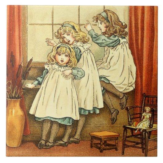 Sprookjesachtige Drie Meisjes Raam Kate Greenaway Tegeltje (Voorkant)