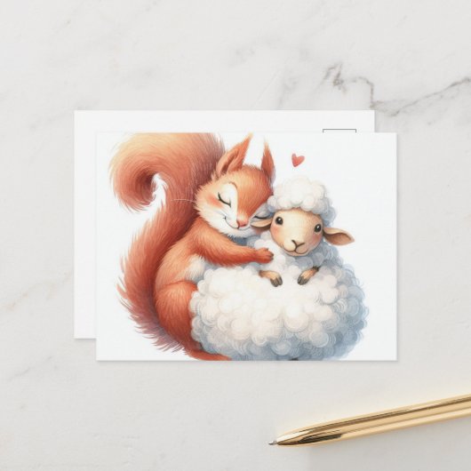 Sprookjesachtige eekhoorn knuffelt een schaap briefkaart (Voorkant / Achterkant in situ)