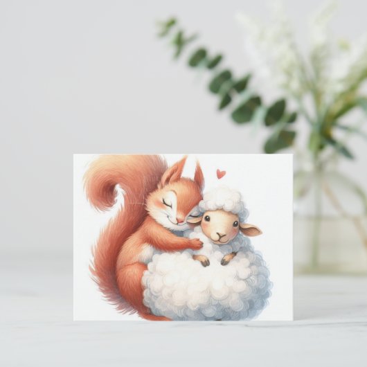 Sprookjesachtige eekhoorn knuffelt een schaap briefkaart (Staand voorkant)