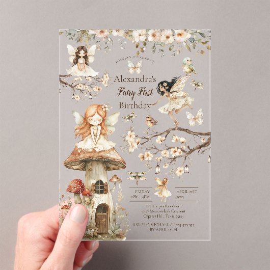 Sprookjesachtige eerste verjaardag Woodland Floral Acryl Uitnodigingen (Insitu (Draagbaar))