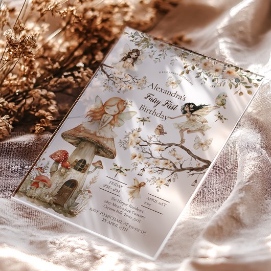 Sprookjesachtige eerste verjaardag Woodland Floral Acryl Uitnodigingen