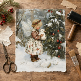 Sprookjesachtige fee en konijn bij kerstboom in de tissuepapier