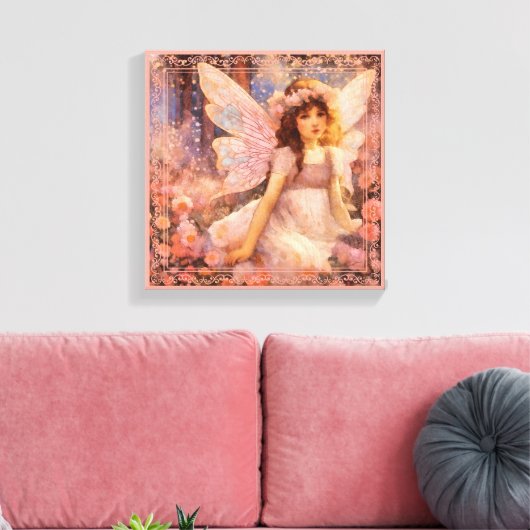 Sprookjesachtige fee in droomroze bloementuin canvas afdruk (Insitu (Woonkamer))
