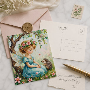 Sprookjesachtige fee met egel in betoverde tuin briefkaart