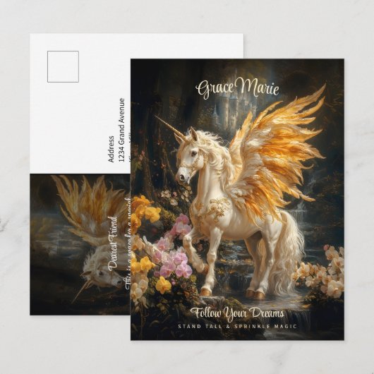 Sprookjesachtige Gouden Bos Eenhoorn Fantasie Briefkaart (Voorkant / Achterkant)