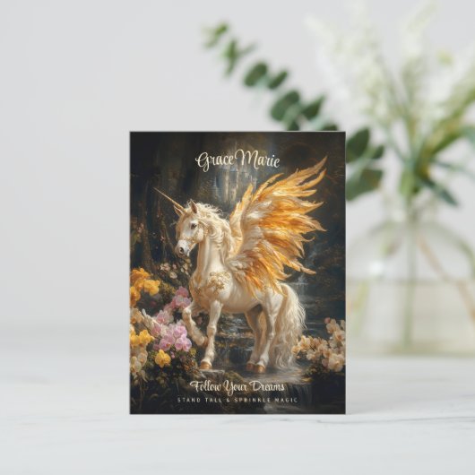 Sprookjesachtige Gouden Bos Eenhoorn Fantasie Briefkaart (Staand voorkant)