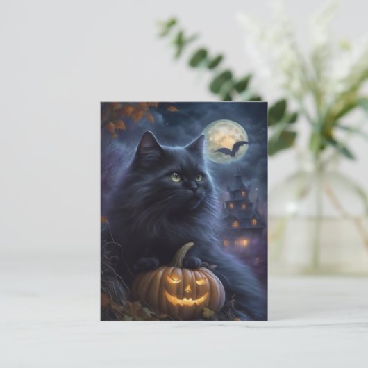 Sprookjesachtige Halloween Zwarte Kat en Volle Maa Feestdagenkaart (Staand voorkant)