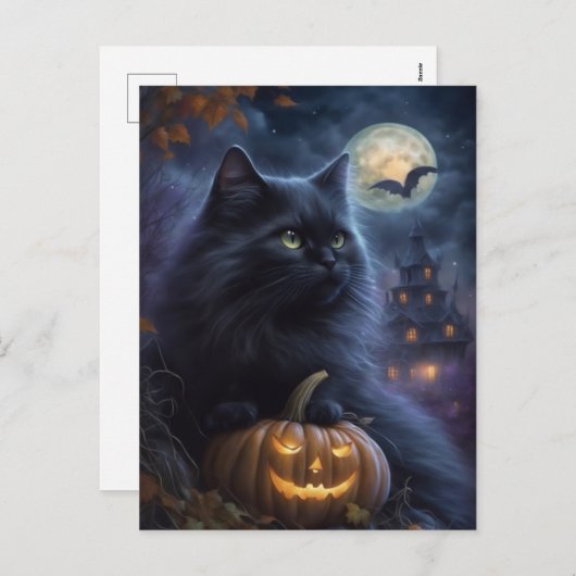 Sprookjesachtige Halloween Zwarte Kat en Volle Maa Feestdagenkaart (Voorkant / Achterkant)