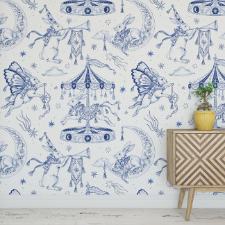 Sprookjesachtige Hemelse Konijn Blue Toile de Jouy Behang
