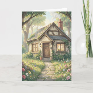 Sprookjesachtige houten cottage-wenskaart – knus kaart