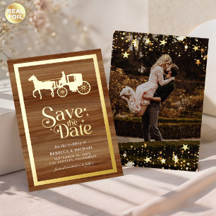 Sprookjesachtige Koets Trouw Save the Date Goud Folie Uitnodiging