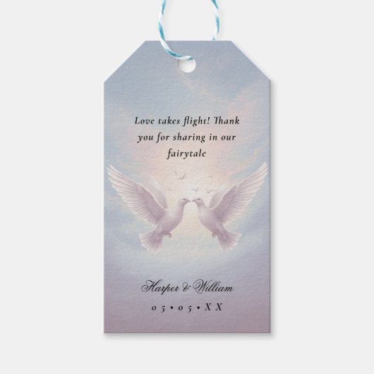 Sprookjesachtige lovebirds bruiloft cadeaulabel (Voorkant)