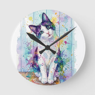 Sprookjesachtige Multi-Kleur Waterverf Tuxedo Kitt Ronde Klok