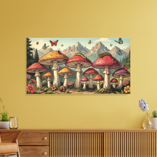 Sprookjesachtige Paddenstoelen en Bergtoppen Canvas Afdruk