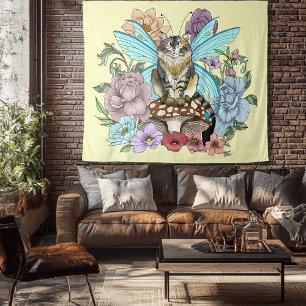 Sprookjesachtige Pastel Tabby Fee Kat Bloemrijke F Wandkleed