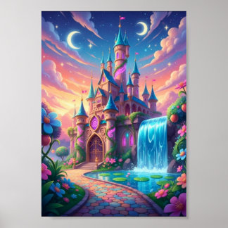 Sprookjesachtige Pastel Tweelingmaan Kasteel Water Poster