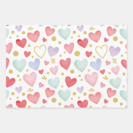 Sprookjesachtige Pastel Waterverf Hart & Goudblad Inpakpapier Vel