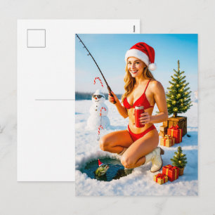 Sprookjesachtige Pin-Up Meisje dat Vist in Rode Bi Feestdagenkaart