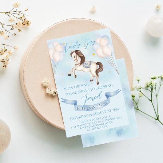 Sprookjesachtige Pony Stars Blue Balloons Verjaard Kaart