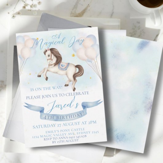 Sprookjesachtige Pony Stars Blue Balloons Verjaard Kaart