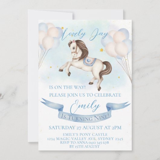 Sprookjesachtige Pony Stars Blue Balloons Verjaard Kaart (Voorkant)