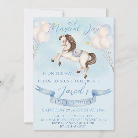 Sprookjesachtige Pony Stars Blue Balloons Verjaard Kaart (Voorkant)