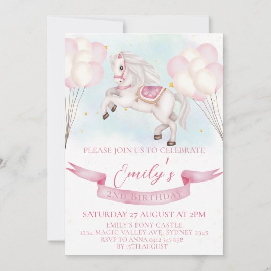 Sprookjesachtige Pony Stars Pinky Balloons Verjaar Kaart (Voorkant)