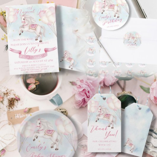 Sprookjesachtige Pony Stars Pinky Balloons Verjaar Kaart