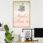 Sprookjesachtige Prinsessen Kasteel Gouden Glitter Poster (Thuiskantoor)