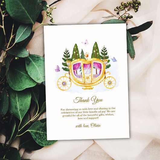 Sprookjesachtige prinsessenkoets babyshower in het bedankkaart