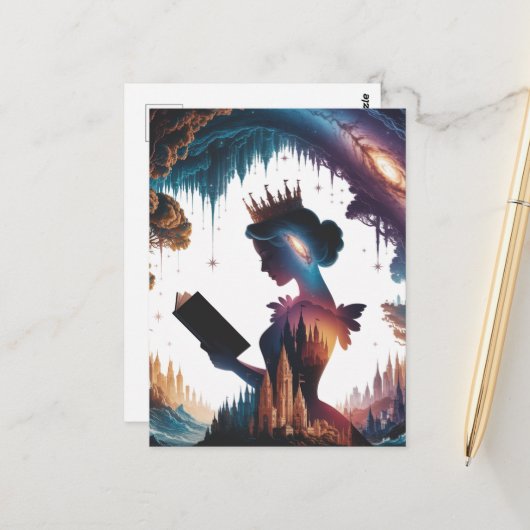 Sprookjesachtige Queen Reading Briefkaart (Voorkant / Achterkant in situ)