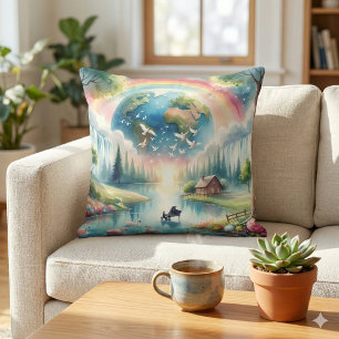Sprookjesachtige Regenboog Aarde Fantasie Scene Kussen