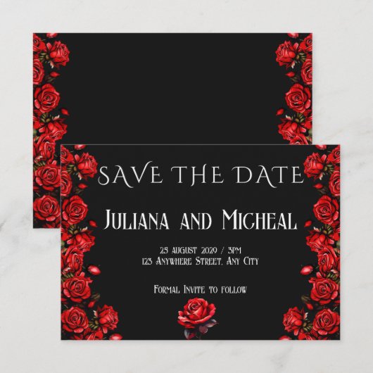 Sprookjesachtige rode rozen bruiloft save the date (Voorkant / Achterkant)