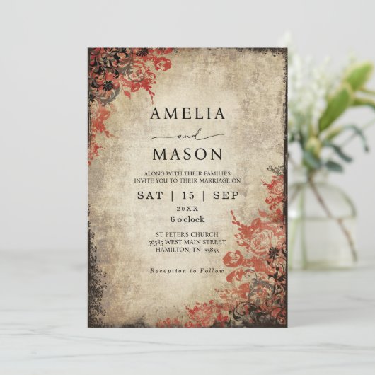 Sprookjesachtige Rode Rozen Huwelijksuitnodiging Kaart (Staand voorkant)