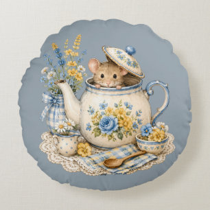 Sprookjesachtige Theepot Muis Cottagecore Bloemen Rond Kussen