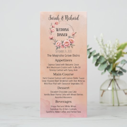 Sprookjesachtige Tuin Perzik Blush Bloemen Wedding Menu (Staand voorkant)