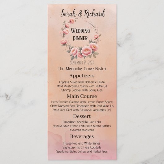 Sprookjesachtige Tuin Perzik Blush Bloemen Wedding Menu (Voorkant)