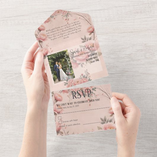 Sprookjesachtige Tuin Roos Blush Wedding Invitatio All In One Uitnodiging (Afscheurbaar)