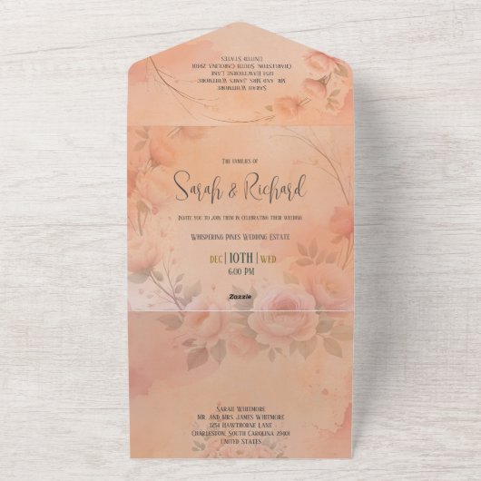 Sprookjesachtige Tuin Sparkle Wedding Blush Roos All In One Uitnodiging (Buitenkant)