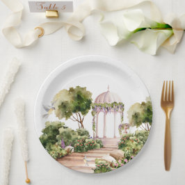 Sprookjesachtige tuinhuisje met bloemen en planten papieren bordje