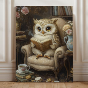Sprookjesachtige Uil Lezende Boekliefhebber Kunst Canvas Afdruk