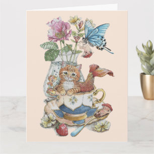 Sprookjesachtige Waterverf Purrmaid Theekop Bloeme Kaart