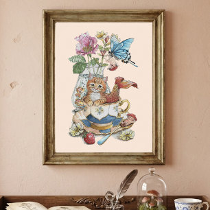 Sprookjesachtige Waterverf Purrmaid Theekop Bloeme Poster