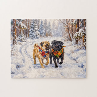 Sprookjesachtige Winterbos Mops Honden Illustratie Legpuzzel