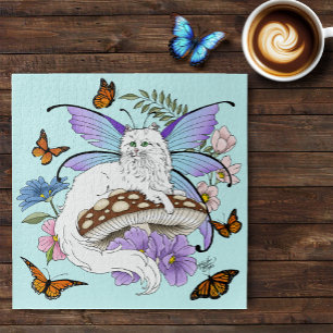 Sprookjesachtige Witte Fee Kat Blauwe Paddenstoel Legpuzzel